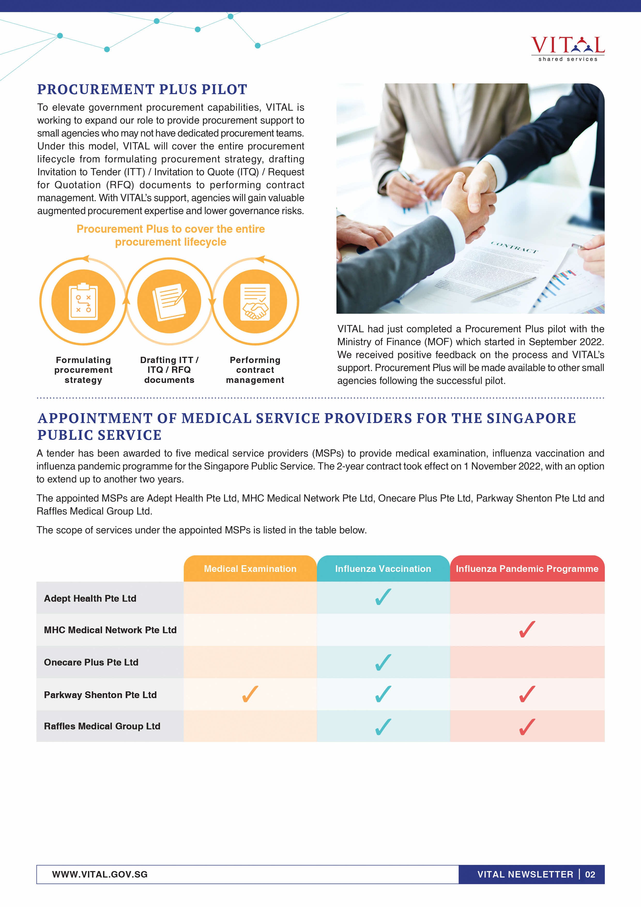 VITAL newsletter page showing Procurement Plus Pilot info and a medical service providers table with checkmarks.